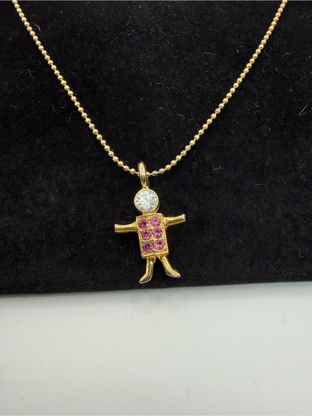 Vintage KIS USA Gold Tone Pink Rhinestone Figural Pendant Necklace